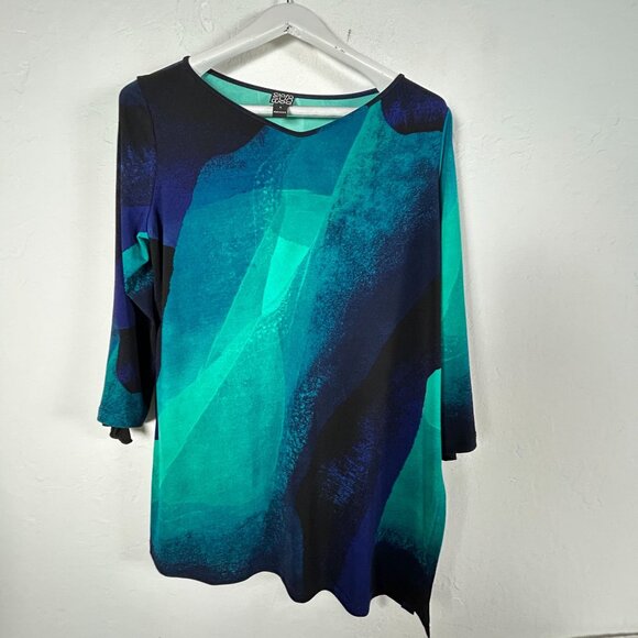 Ciara Sun Woo Womens Abstract Print 3/4 Sleeve Tunic Top Large Blue Stretch - Picture 1 of 7